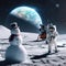 Snowman on the moon with Earth and astronaught behind