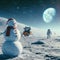 Snowman on the moon with Earth and astronaught behind