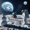 Snowman on the moon with Earth and astronaught behind