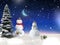 Snowman and  moon on starry sky winter snowy weather fairy night festive  Christmas tree  blue nature landscape background  greet