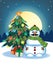 Snowman With Mustache Wearing Green Head Cover And Green Scarf With Christmas Tree And Full Moon At Night Background For Your Desi
