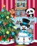 Snowman With Mustache Wearing A Hat And Blue Scarf with christmas tree and fire place Illustration