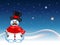 Snowman with mustache wearing a hat, red sweater and a red scarf with star, sky and snow hill background for your design vector il