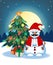 Snowman With Mustache Wearing A Santa Claus Costume With Christmas Tree And Full Moon At Night Background For Your Design Vector I