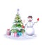 Snowman near the Christmas tree.