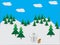 Snowman in pine forest with squirrel