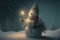 Snowman with pine needle leaves holding a candle