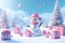 Snowman with Pink Gift Boxes in Snowy Pine Forest - A Whimsical Winter Wonderland of Joy and Surprises.GenerativeAI.