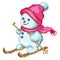 Snowman in a pink hat and a scarf skiing for the New Year, Christmas is drawn by squares, pixels