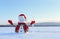 The snowman in plaid scarf, red hat, gloves and icicle in the hand. Nice landscape with the mountains on the background.