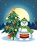 Snowman Playing Drums Wearing A Green Head Cover And A Scarf With Christmas Tree And Full Moon At Night Background For Your Design