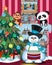 Snowman Playing Drums Wearing A Hat And A Blue Scarf with christmas tree and fire place Illustration
