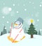 Snowman playing ski on snow background.