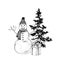 Snowman with present over Christmas tree