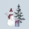 Snowman with present over Christmas tree
