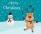 Snowman and reindeer red-nosed cute cartoon with greeting banner snowy winter background. Christmas card. Vector