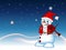 Snowman with santa claus costume playing the violin with star, sky and snow hill background for your design vector illustration
