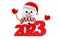 Snowman in Santa Claus Hat Character Mascot with New Year 2023 Sign. 3d Rendering