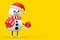 Snowman in Santa Claus Hat Character Mascot with Red Game Dice Cubes in Flight. 3d Rendering