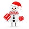 Snowman in Santa Claus Hat Character Mascot with Red Game Dice Cubes in Flight. 3d Rendering