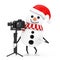 Snowman in Santa Claus Hat Character Mascot with Red Heart and DSLR or Video Camera Gimbal Stabilization Tripod System. 3d