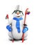 Snowman with skis and a bucket on his head