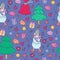Snowman on skis and elements of christmas decor pattern