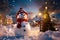 The snowman is smiling, wearing a hat and scarf. Winter New Year and Christmas scene