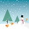 Snowman, snow, conifer trees and orange birds