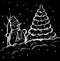 Snowman, snowdrift, Christmas tree under falling snow