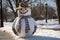 snowman sporting a giant bow and a patterned sash