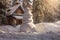 Snowman is standing nearby the house. Enjoying the snowy winter. It\\\'s a happy wintertime scene with a big smiling snowman