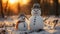 A snowman stands, merry spirit of Christmas as the sunrise. Generative AI