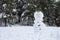 snowman stands in the middle of the forest