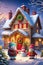 The snowman in stylish with a small house in a cozy winter scene of christmas, festive and heartwarming design