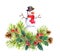 Snowman in top hat, red scarf, fir tree, mistletoe. Watercolor for new year or christmas card