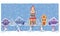 Snowman town. Winter street. Vector poster with cartoon houses. Design for a cover, illustration