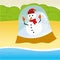 Snowman trapped in a summer beach. Plain and clean