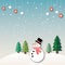 Snowman with tree, starlight, ball on snow white background. Merry Christmas and Happy New Year concept.