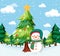 Snowman under Christmas tree outdoor background
