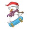 The snowman using the purple scarf playing the skateboard