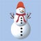 A snowman vector design on a blue background. Christmas design with a happy snowman. A winter snowman with neck muffler, carrot