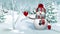 Snowman waving hand in the snowy forest, animated greeting card, winter holiday background, Merry Christmas and a Happy New Year