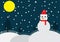 Snowman wear christmas hat and scarf stand on a snowy area vector