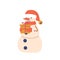 Snowman Wear Santa Hat and Mittens Holding Gift Box. Xmas Characters, Funny Winter Personage with Festive Present