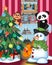 Snowman Wearing A Green Head Cover And A Scarf Playing Saxophone with christmas tree and fire place Illustration