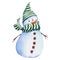 Snowman wearing green striped hat and scarf.
