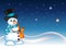 Snowman wearing a hat and a blue scarf playing saxophone with star, sky and snow hill background for your design vector illustrati