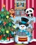 Snowman wearing a hat, blue sweater and a blue scarf playing drums with christmas tree and fire place Illustration