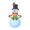 Snowman wearing in hat and scarf with a gift in hands. Concept of winter and christmas banner, sticker label and greeting card